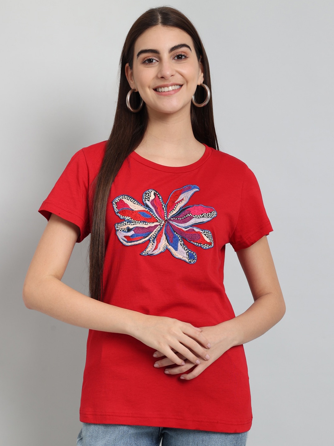 

Just Wow Embroidered Detail Cotton T-shirt, Red