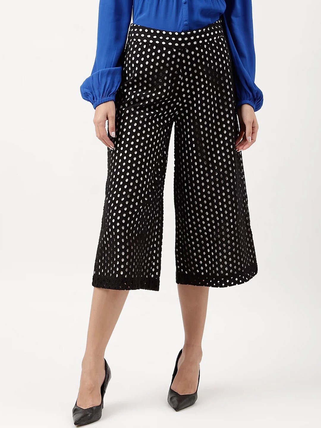 

Marks & Spencer Women Polka Dot Printed Flared High-Rise Linen Culottes Trousers, Black