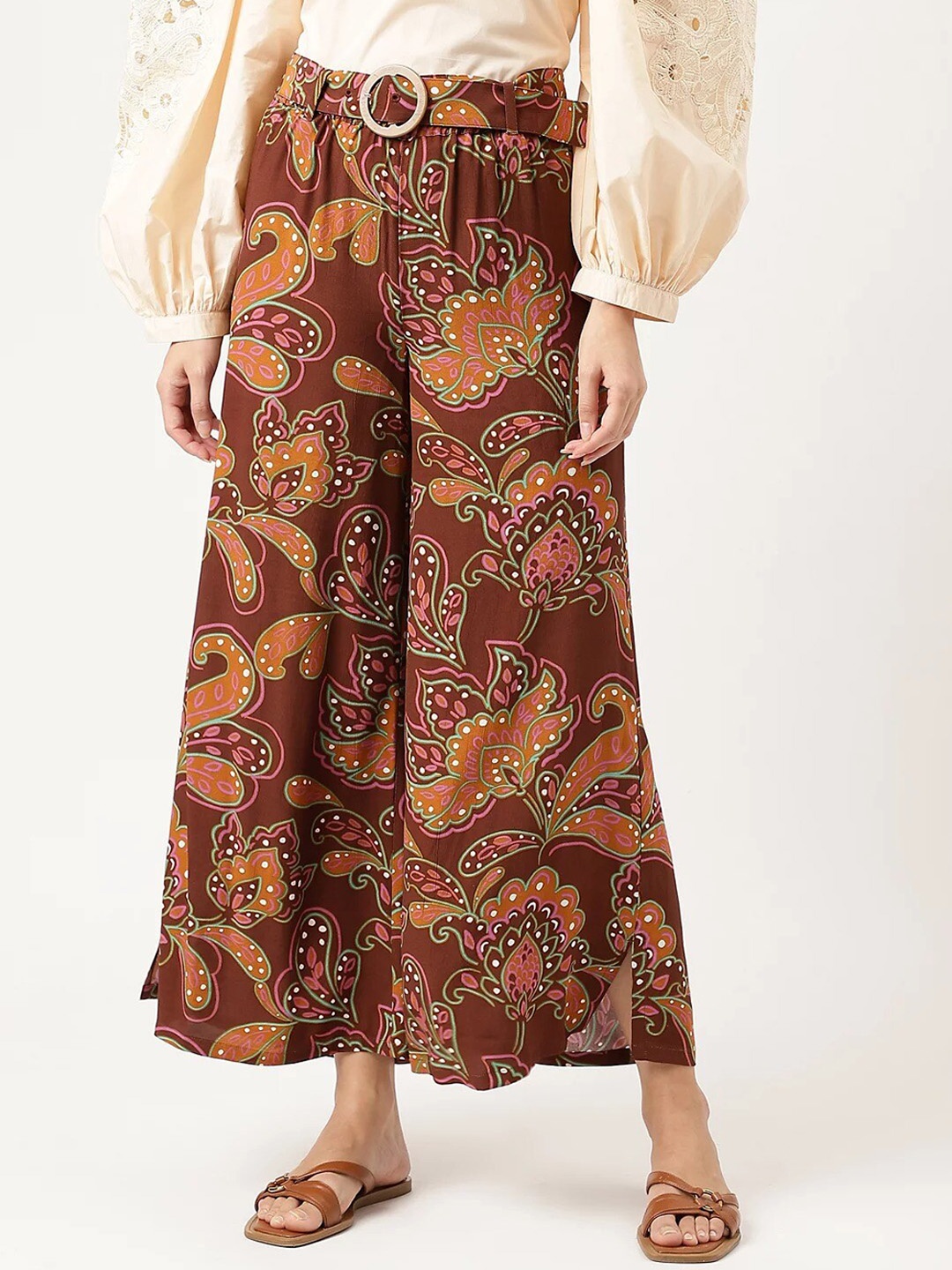 

Marks & Spencer Women Floral Printed Flared High-Rise Pleated Trousers, Brown