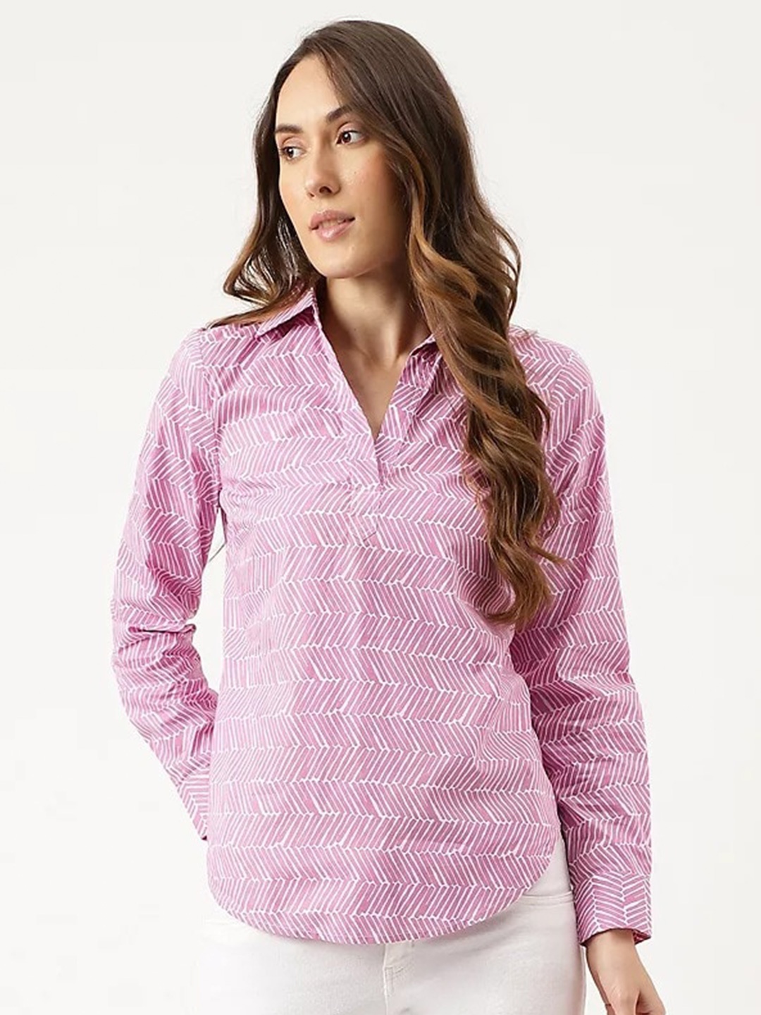

Marks & Spencer Abstract Printed Half Placket Casual Pure Cotton Shirt, Pink