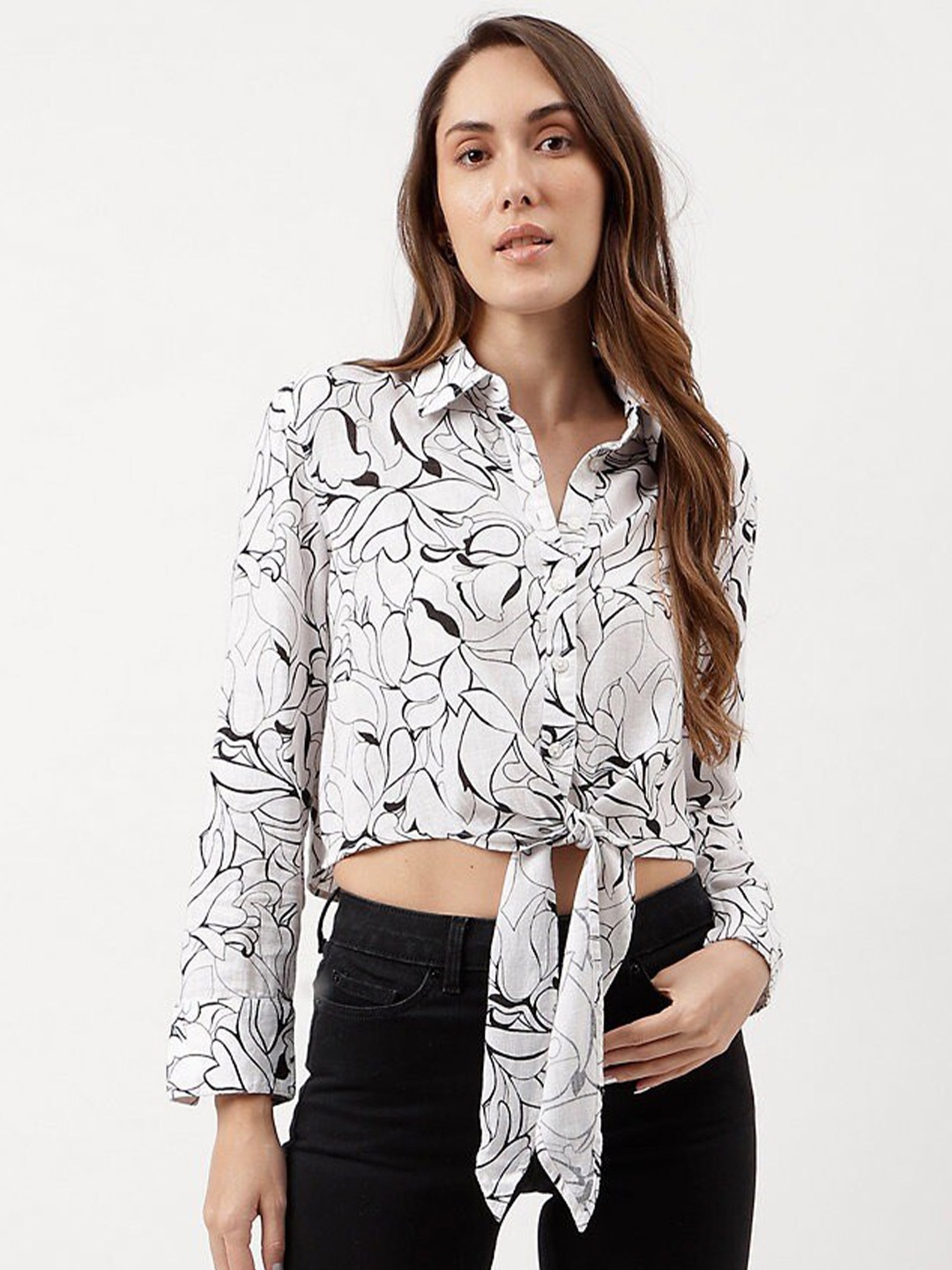 

Marks & Spencer Abstract Printed Tie-Up Detail Crop Spread Collar Casual Shirt, White