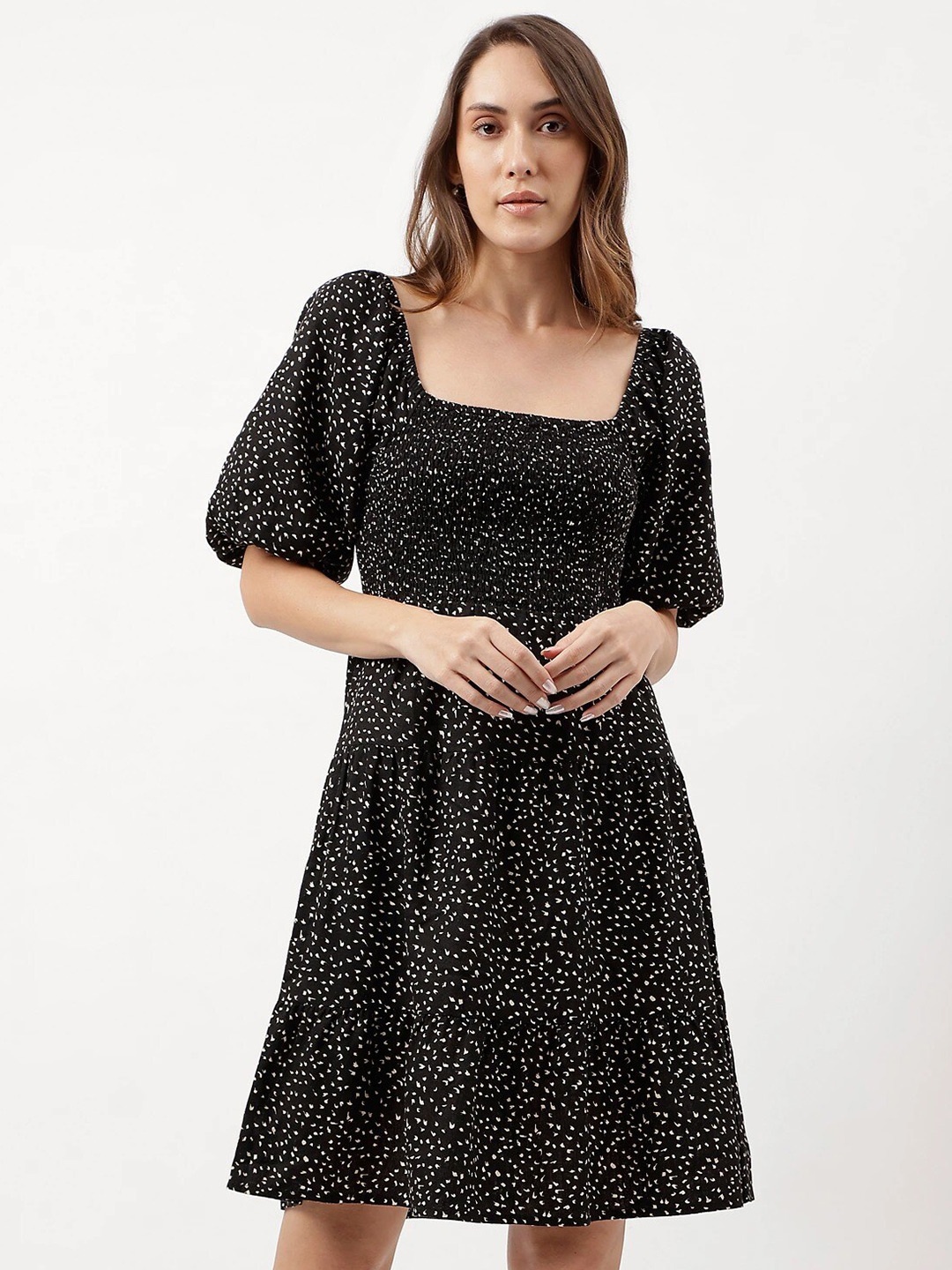 

Marks & Spencer Polka Dot Printed Square Neck Smocked Puff Sleeves Fit & Flare Dress, Black