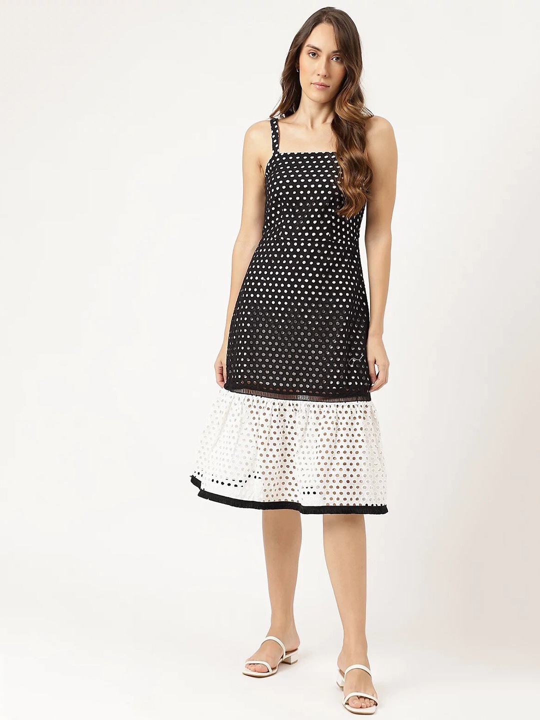 

Marks & Spencer Schiffly Self Design Flounce Fit & Flare Dress, Black