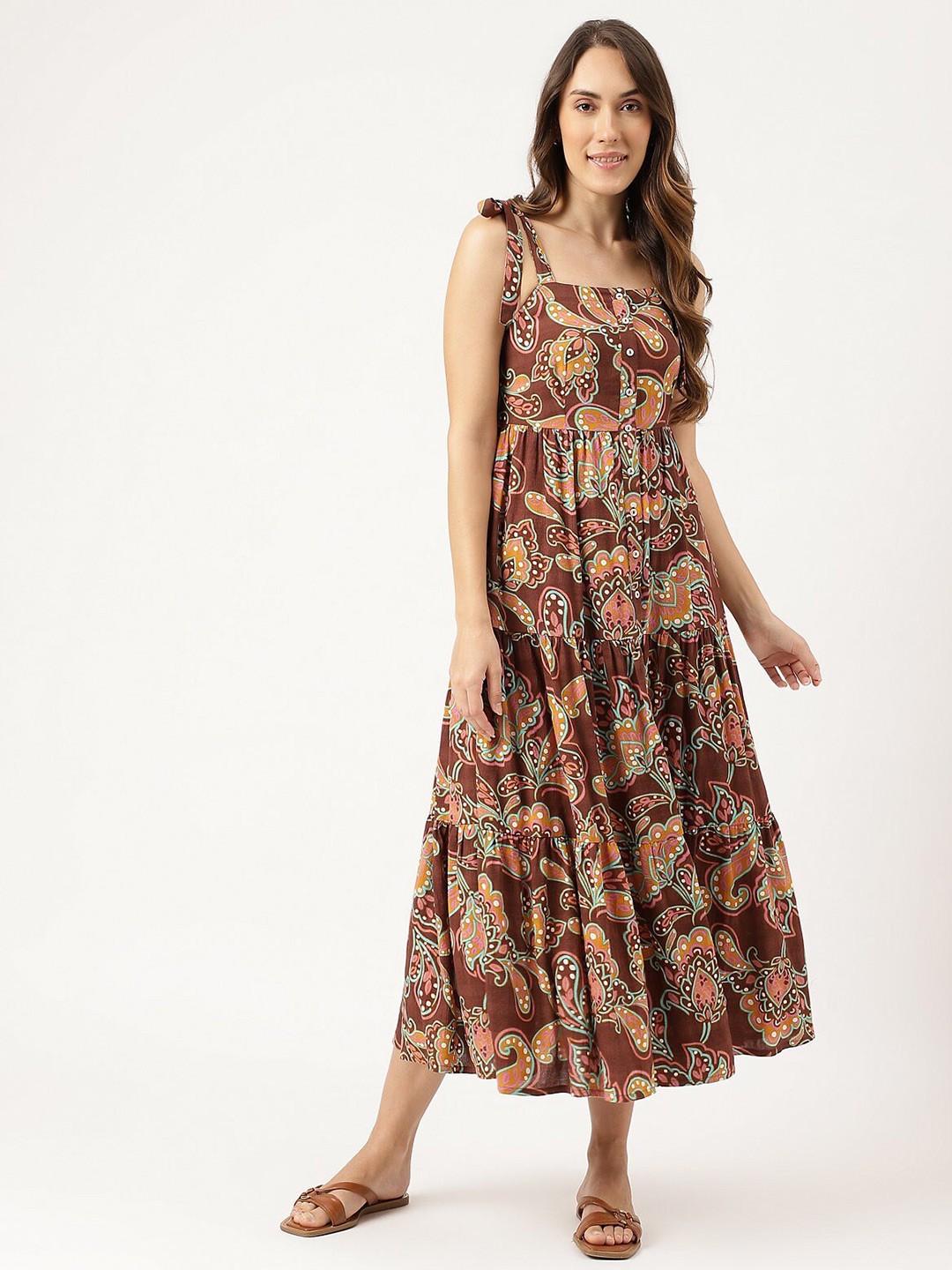 

Marks & Spencer Ethnic Motifs Printed Tiered Fit & Flare Midi Dress, Brown