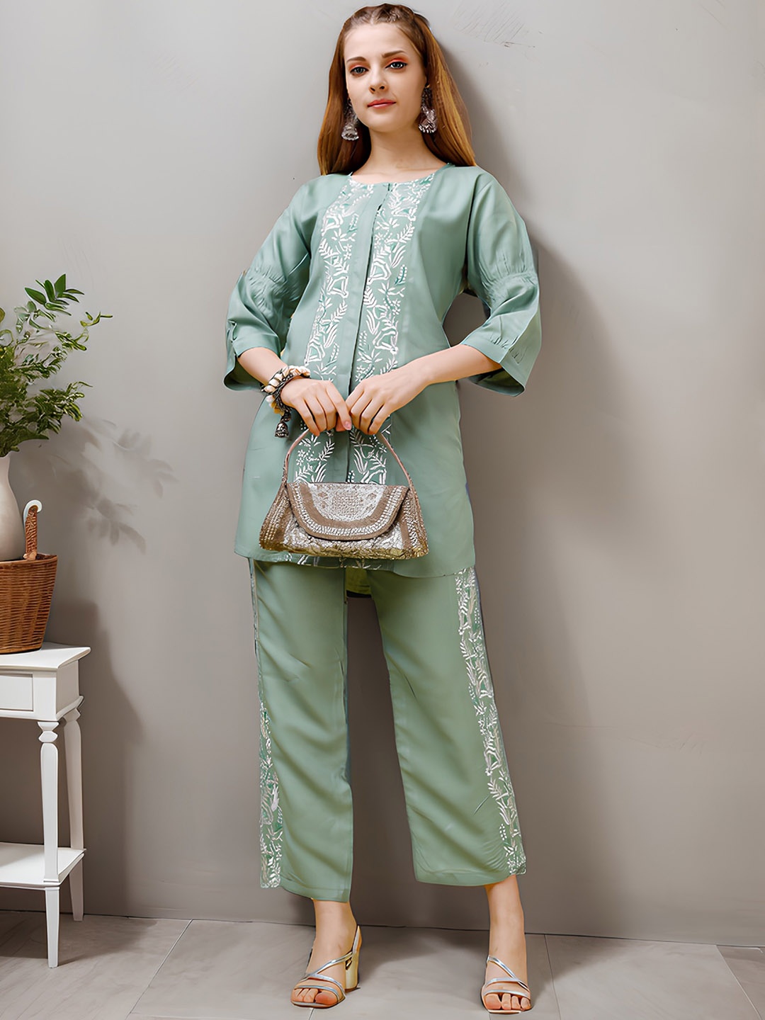 

KALINI Floral Embroidered Bell Sleeves Kurta & Trousers, Green