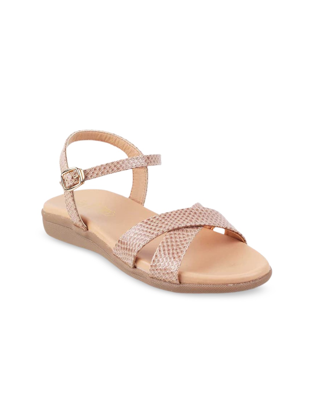 

Tresmode Textured Cross Strap Open Toe Flats With Buckle Closure, Beige