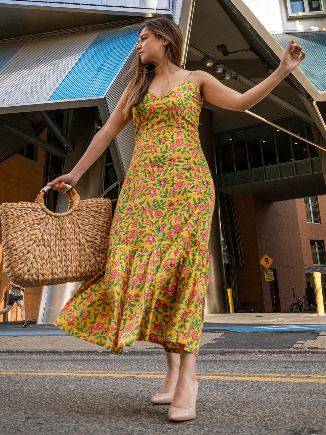 

SHOOLIN Floral Printed Cotton Maxi A-LineDress, Yellow