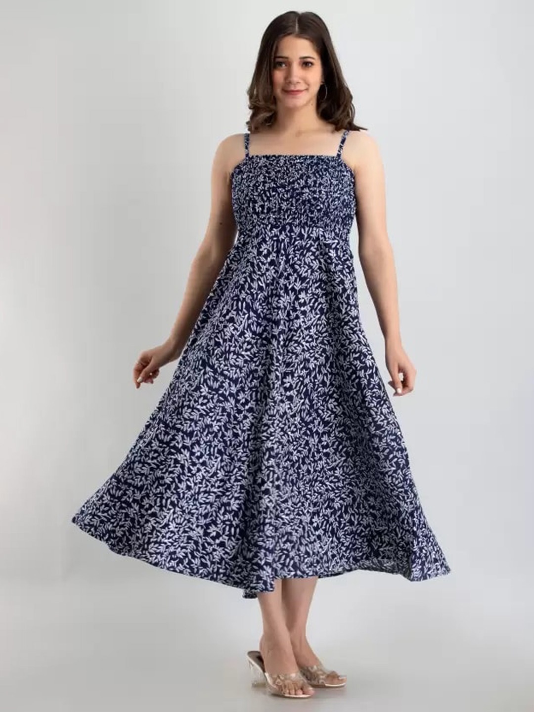 

SHOOLIN Floral Print Fit & Flare Cotton Midi Dress, Blue