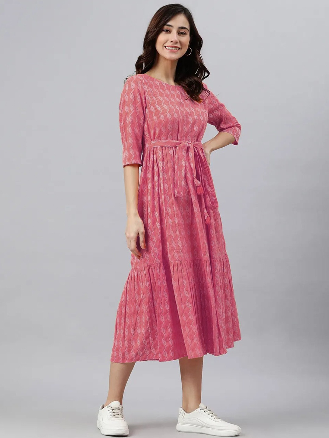 

SHOOLIN Ethnic Motifs Printed Cotton A-Line Midi Dress, Pink