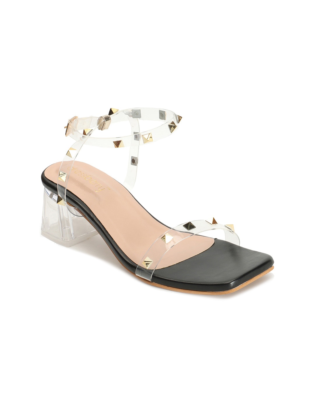 

DressBerry Black & Transparent Embellished Open Toe Block Heels With Ankle Loop