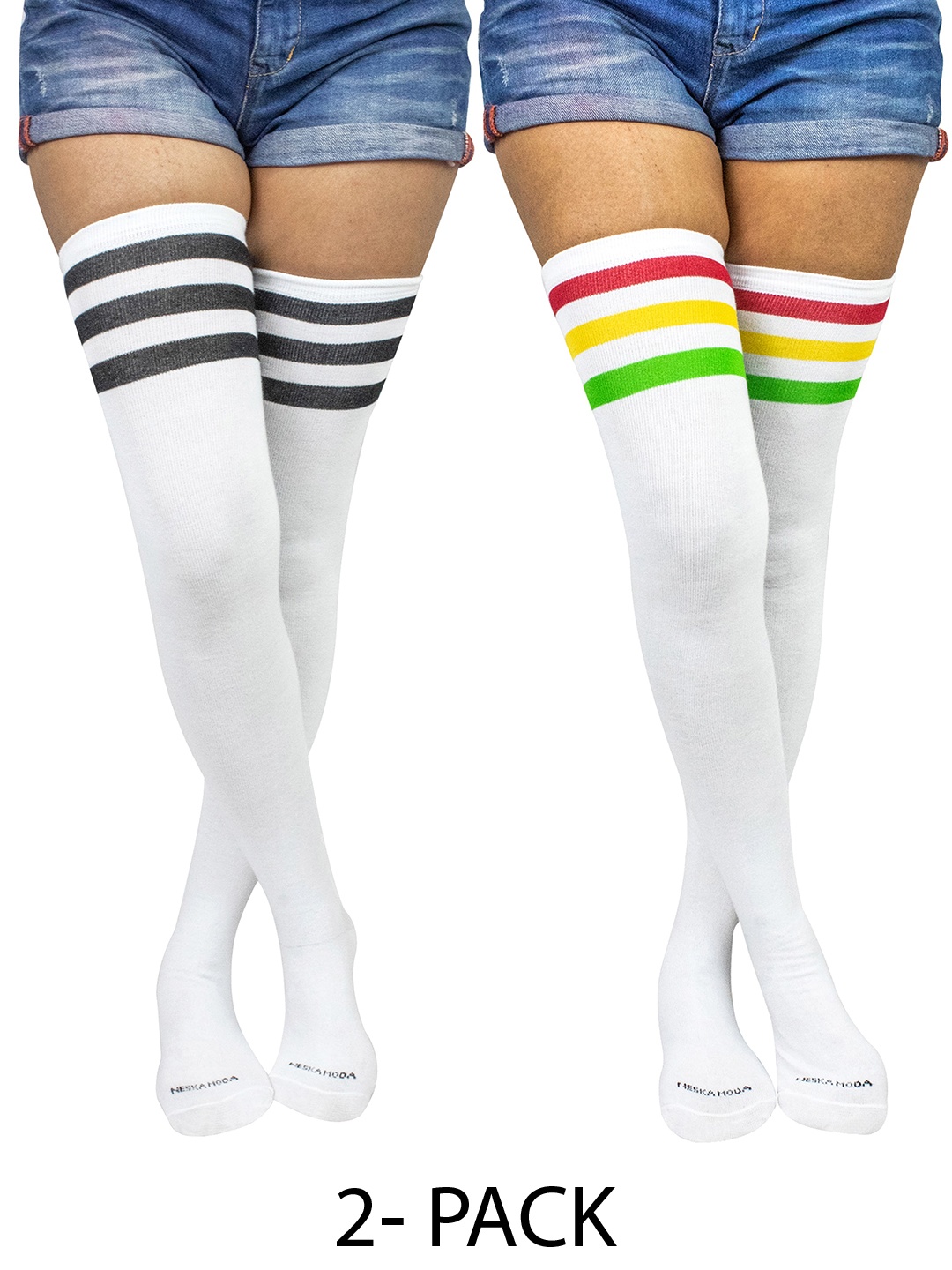 

BAESD Women Pack Of 2 Striped Above Knee Socks, White