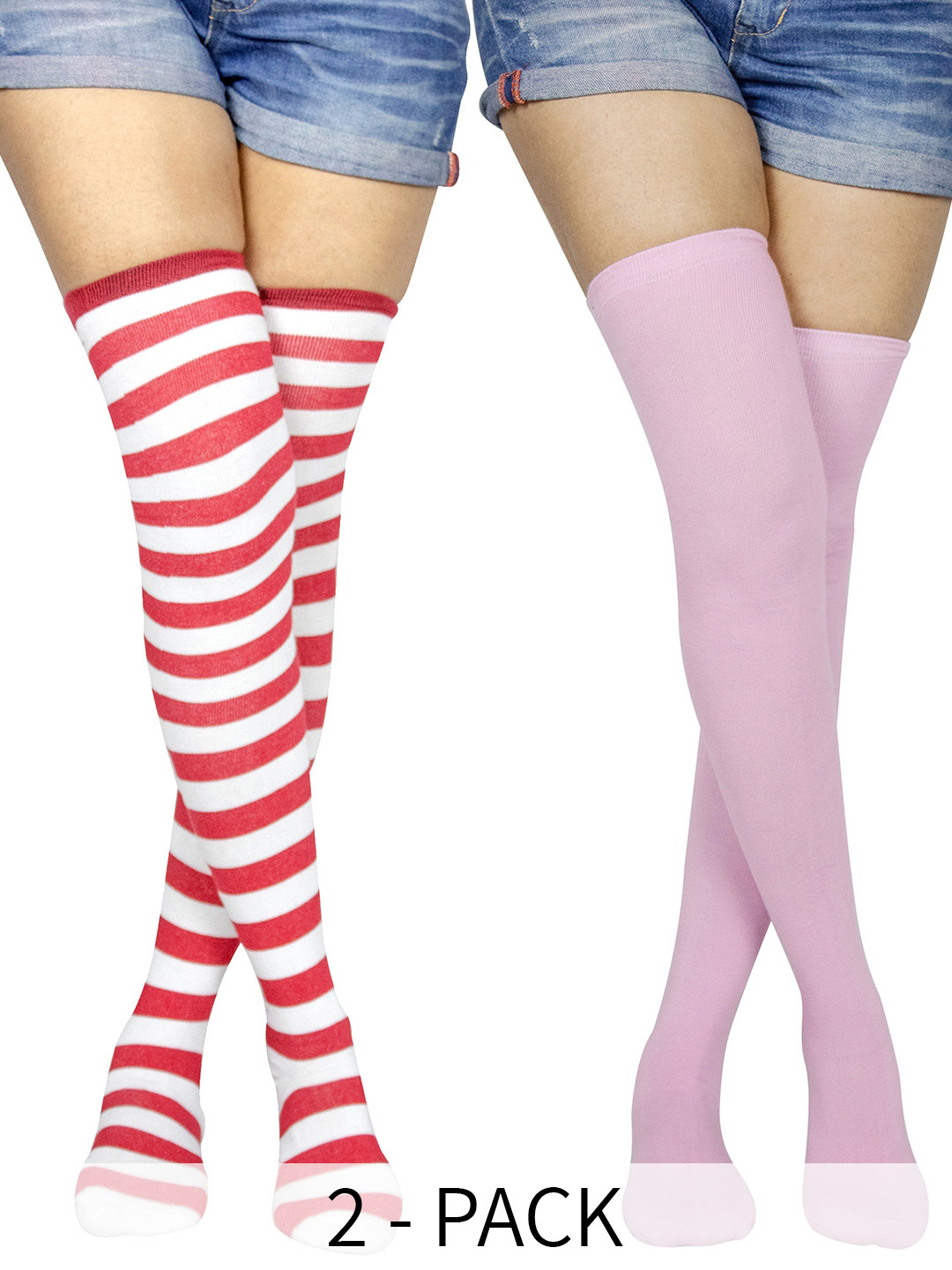 

BAESD Set Of 2 Striped & Solid Above Knee Socks, Red
