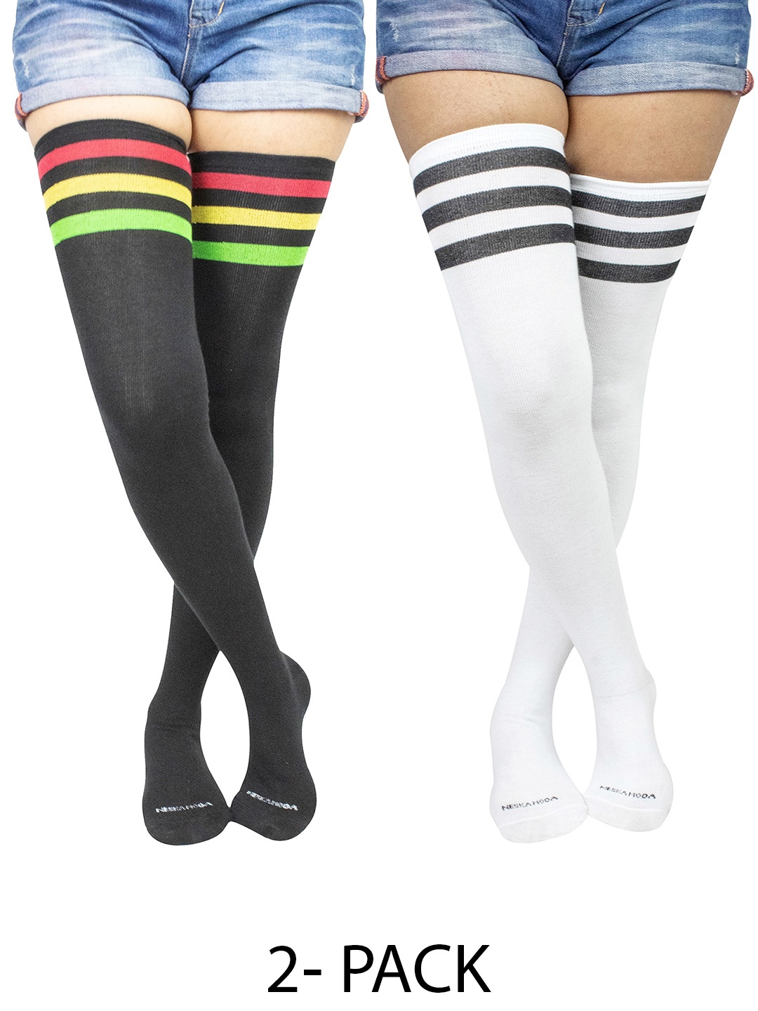 

BAESD Set Of 2 Striped Thigh High Over Knee Socks, Black