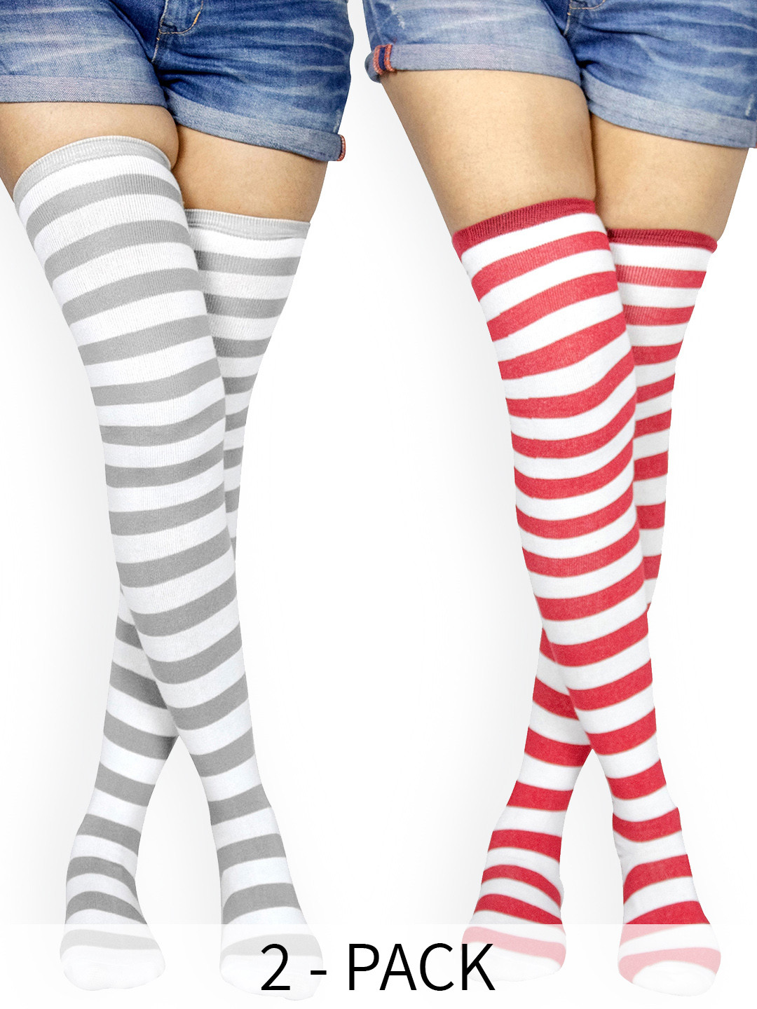 

BAESD Women Pack Of 2 Striped Above Knee Socks, Grey