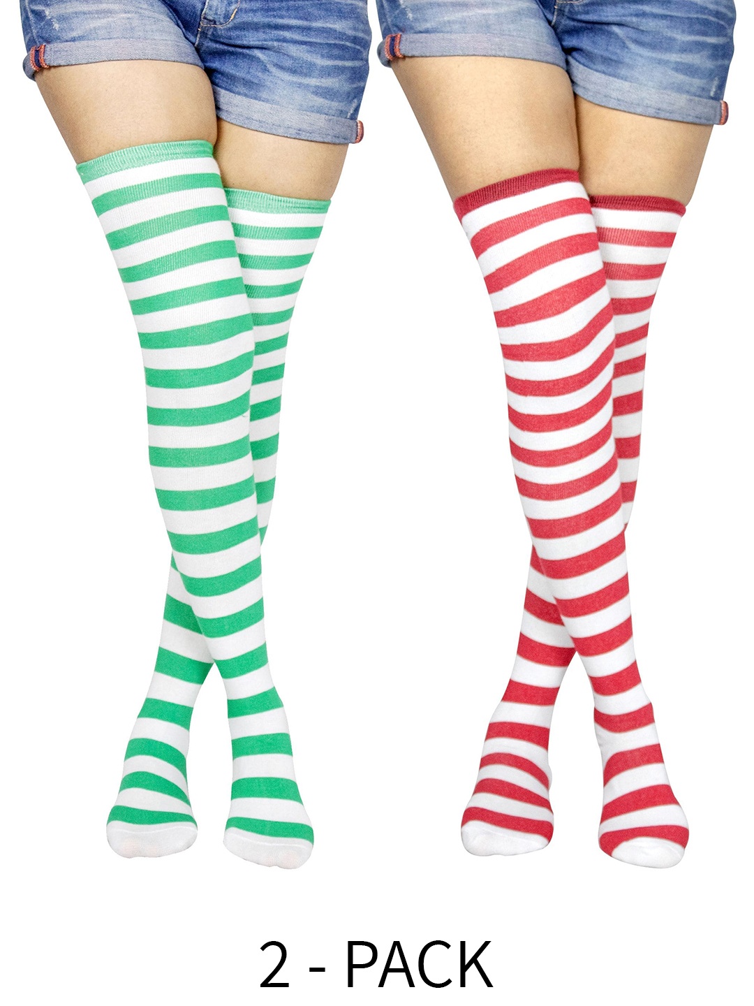 

BAESD Set Of 2 Striped Thigh High Over Knee Socks, Green