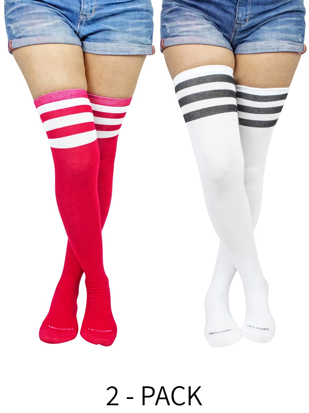 

BAESD Pack of 2 Cotton Striped-detail Thigh-High Stockings, Red
