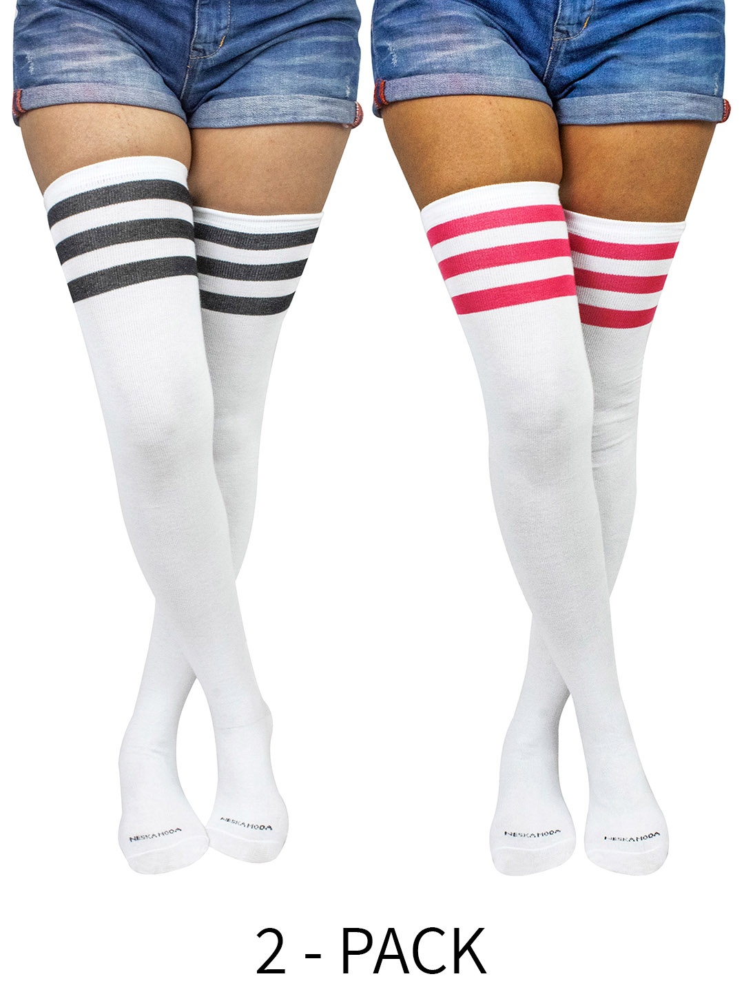 

BAESD Pack of 2 Cotton Striped Thigh-High Stretchable Stockings, White