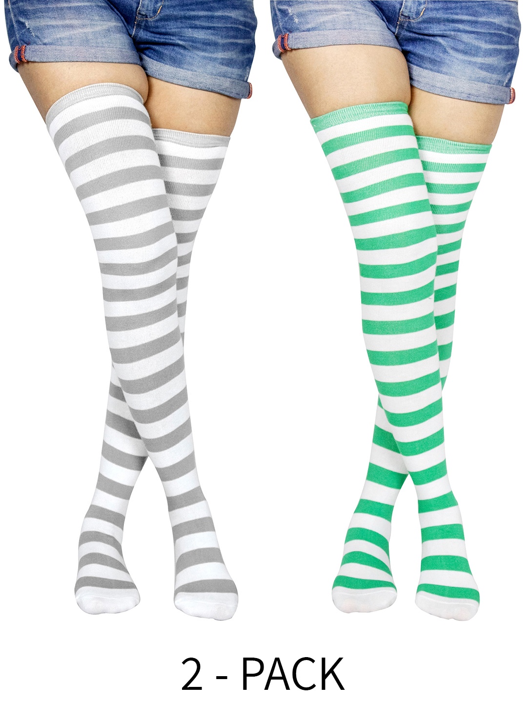 

BAESD Pack Of 2 Striped Cotton Thigh-High Stockings, Grey