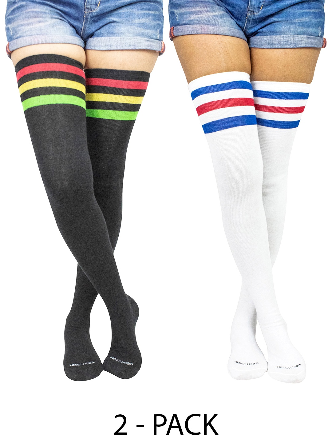 

BAESD Set Of 2 Striped Thigh High Over Knee Socks, Black