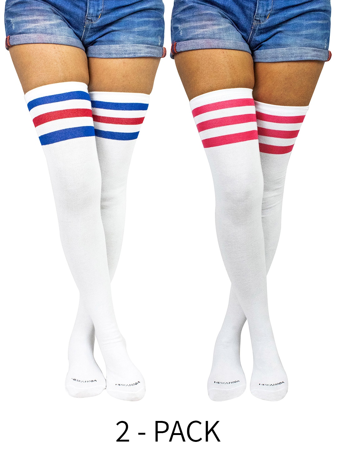 

BAESD Pack Of 2 Striped Cotton Thigh-High Stockings, White