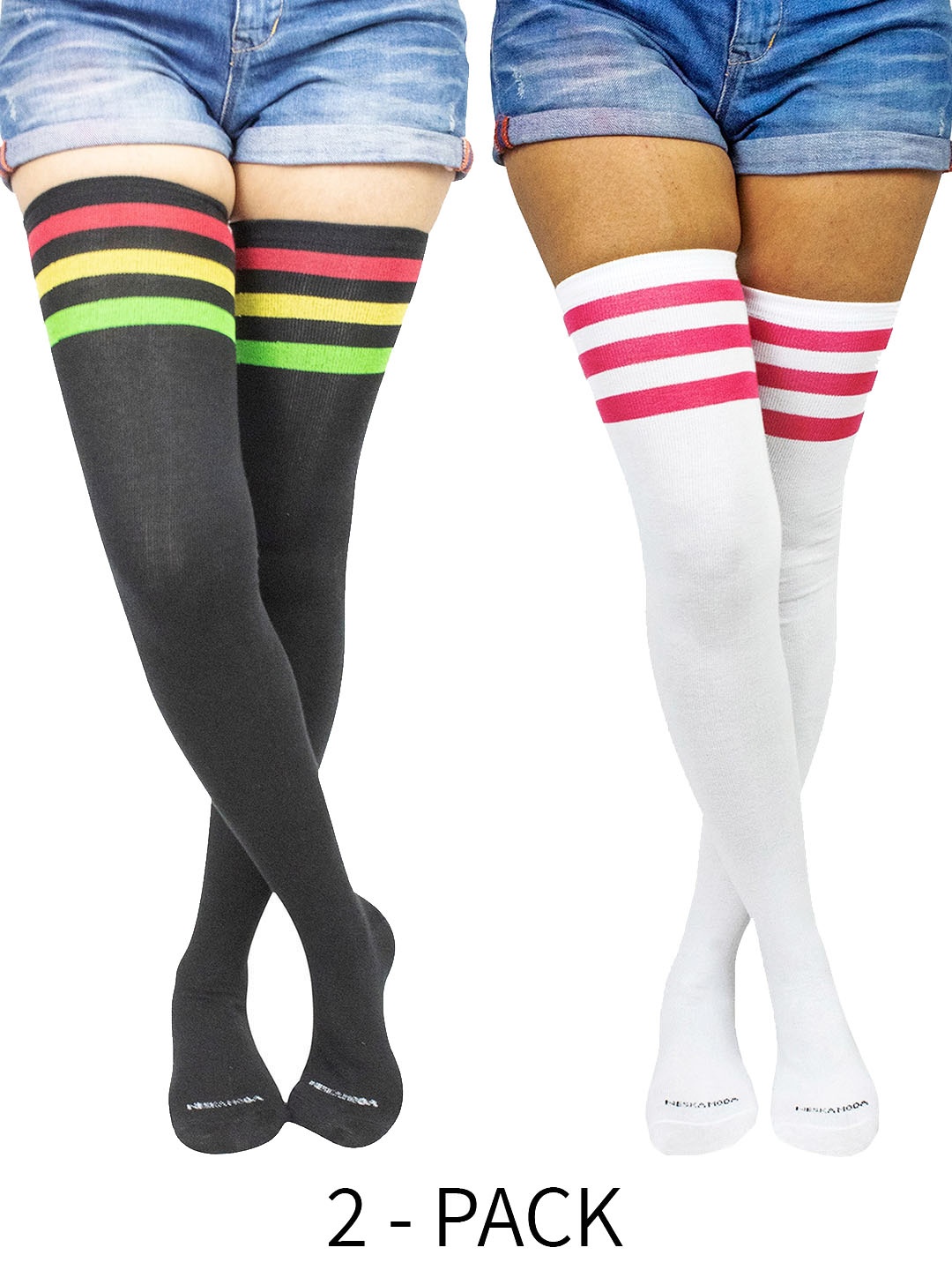 

BAESD Set Of 2 Striped Cotton Thigh-High Socks, Black