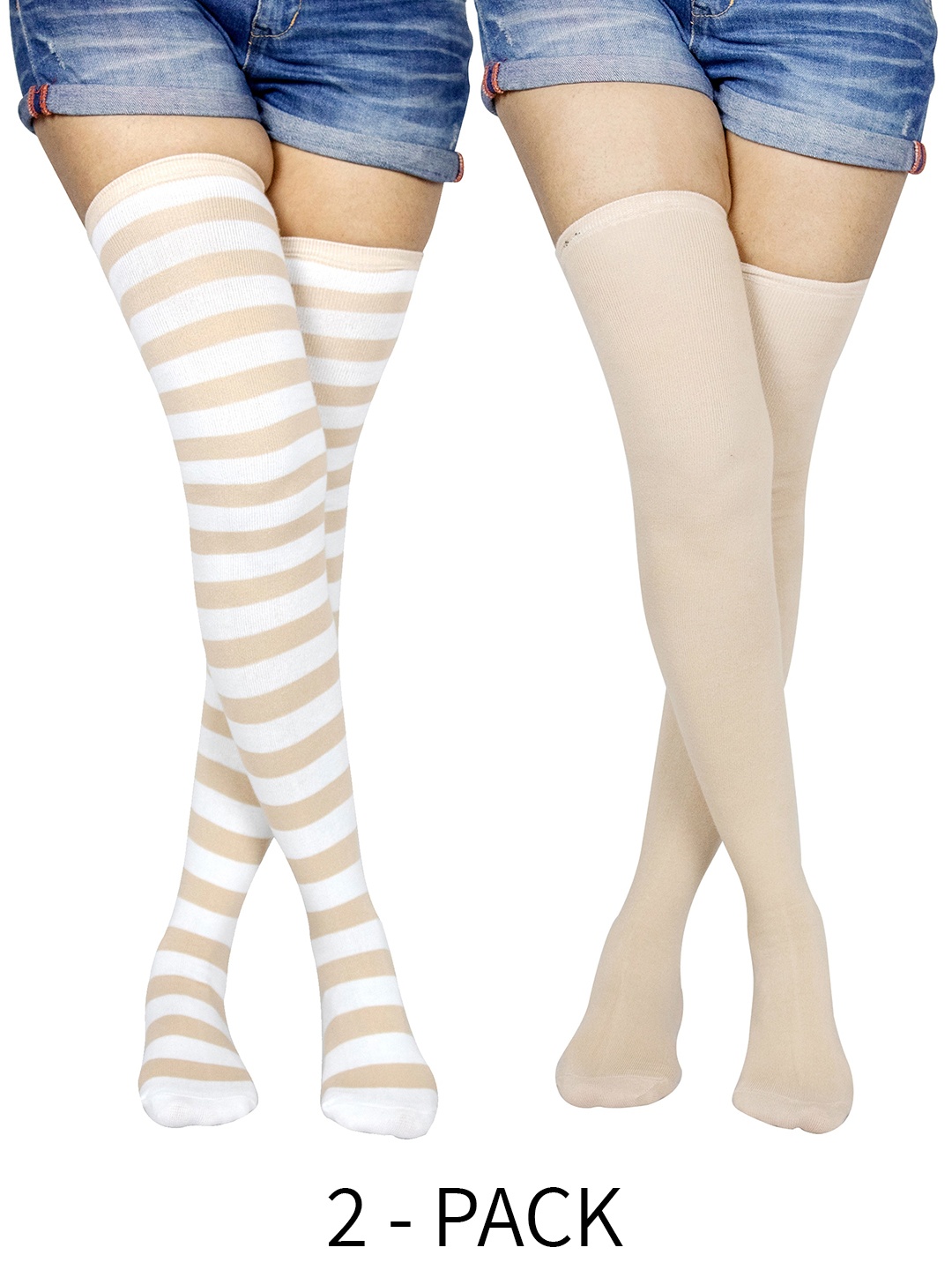 

BAESD Pack Of 2 Cotton Thigh-High Stockings, Beige