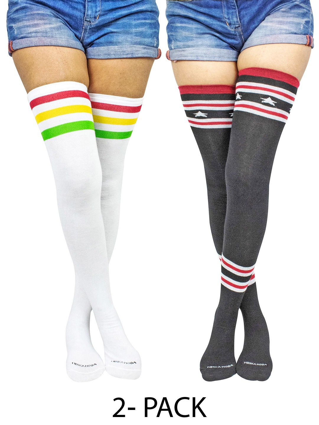 

BAESD Pack Of 2 Striped Cotton Thigh-High Stockings, Black