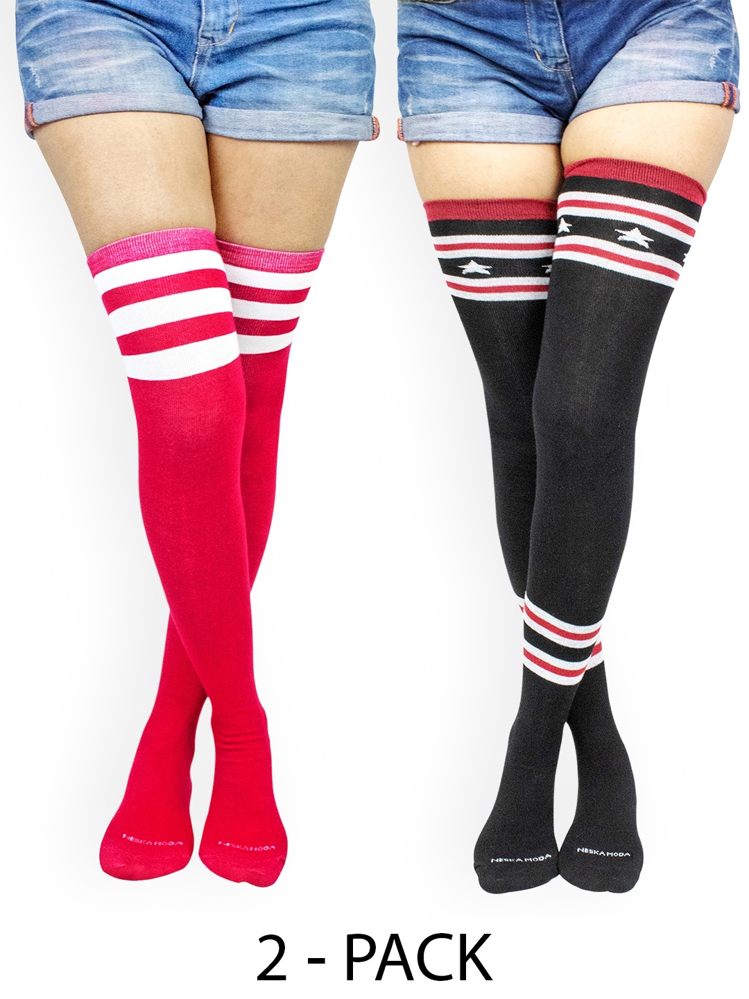 

BAESD Pack of 2 Striped-Detail Thigh-High Stockings, Black