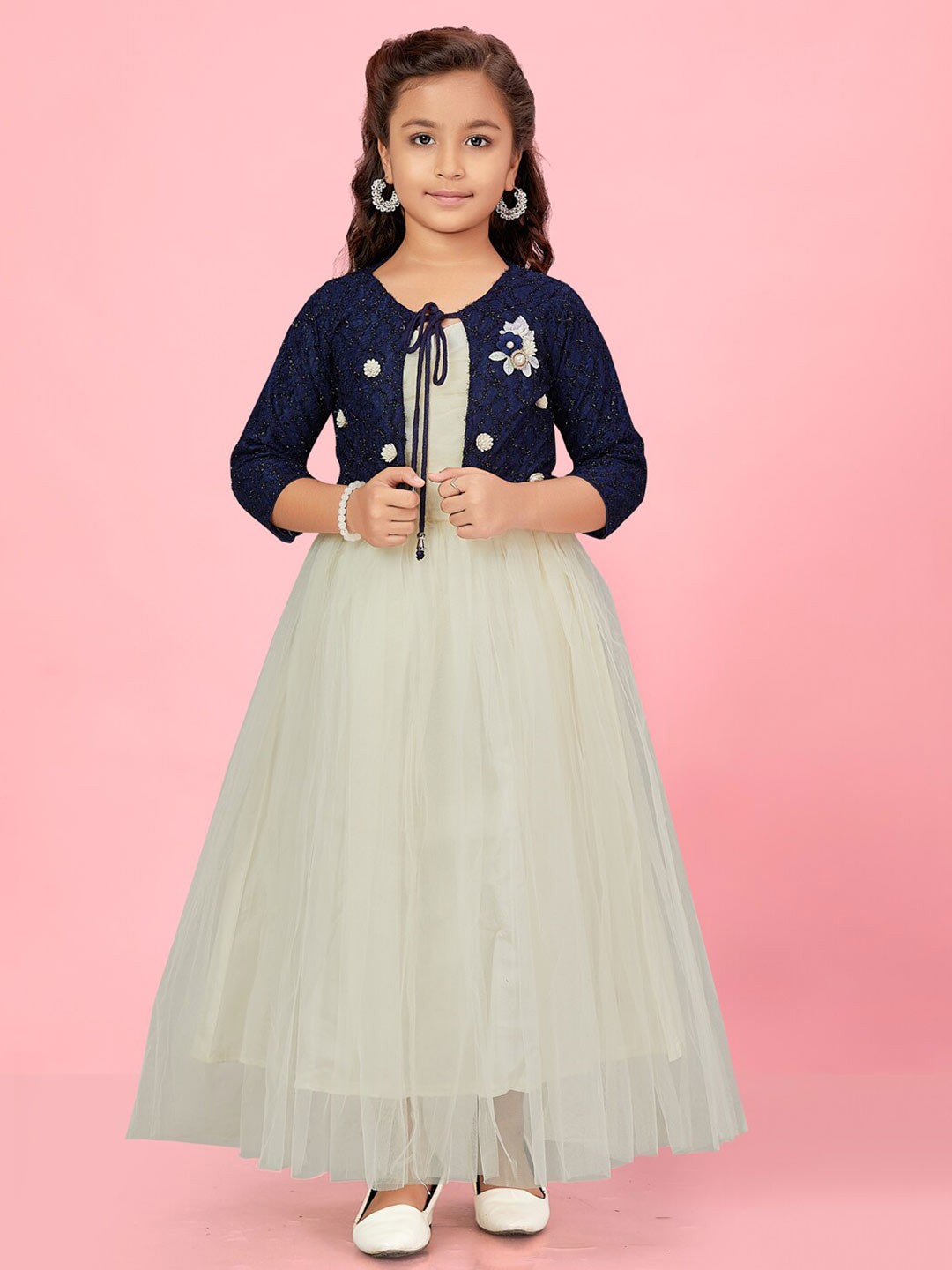

BAESD Girls Round Neck Net Maxi Dress With Shrug, Cream