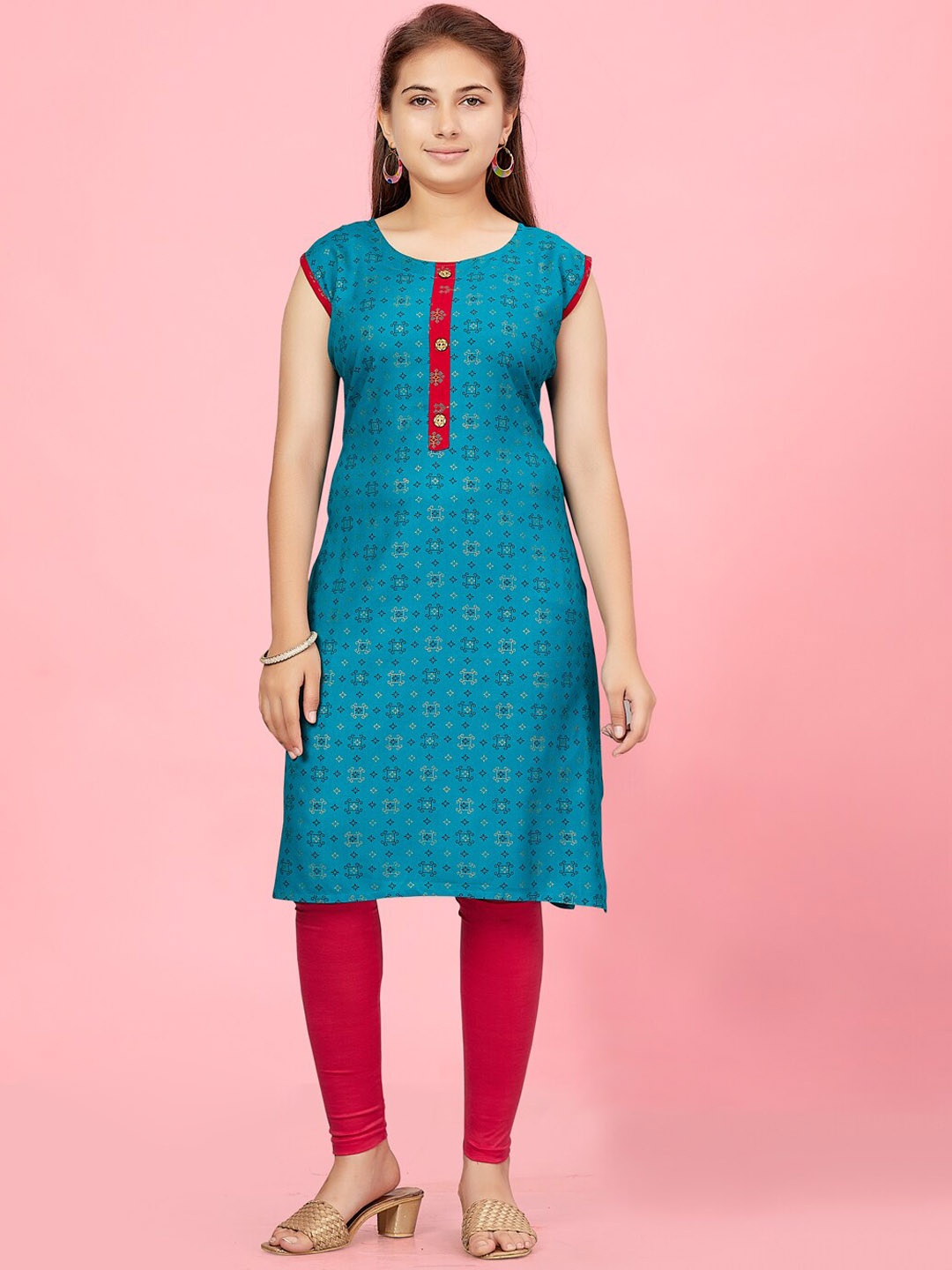 

BAESD Girls Geometric Printed Cotton Straight Kurta, Green
