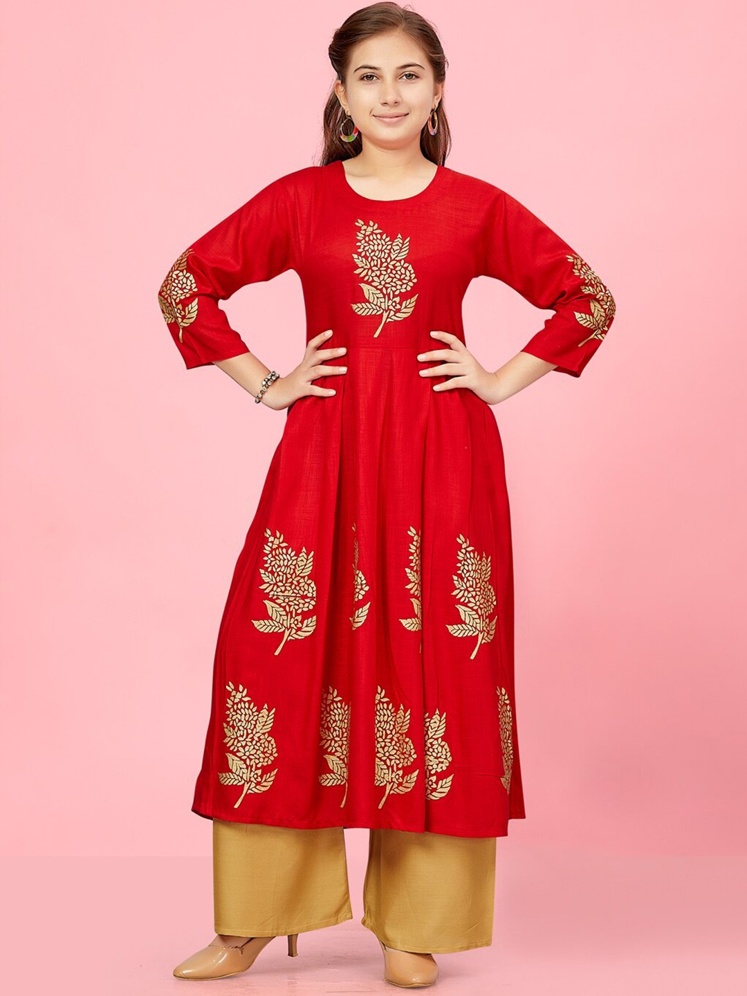 

BAESD Girls Floral Printed Cotton Pleated Anarkali Kurta, Red