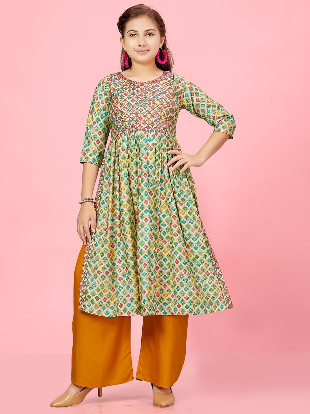 

BAESD Girls Ethnic Motifs Printed Pleated straight Kurta with Palazzos, Green