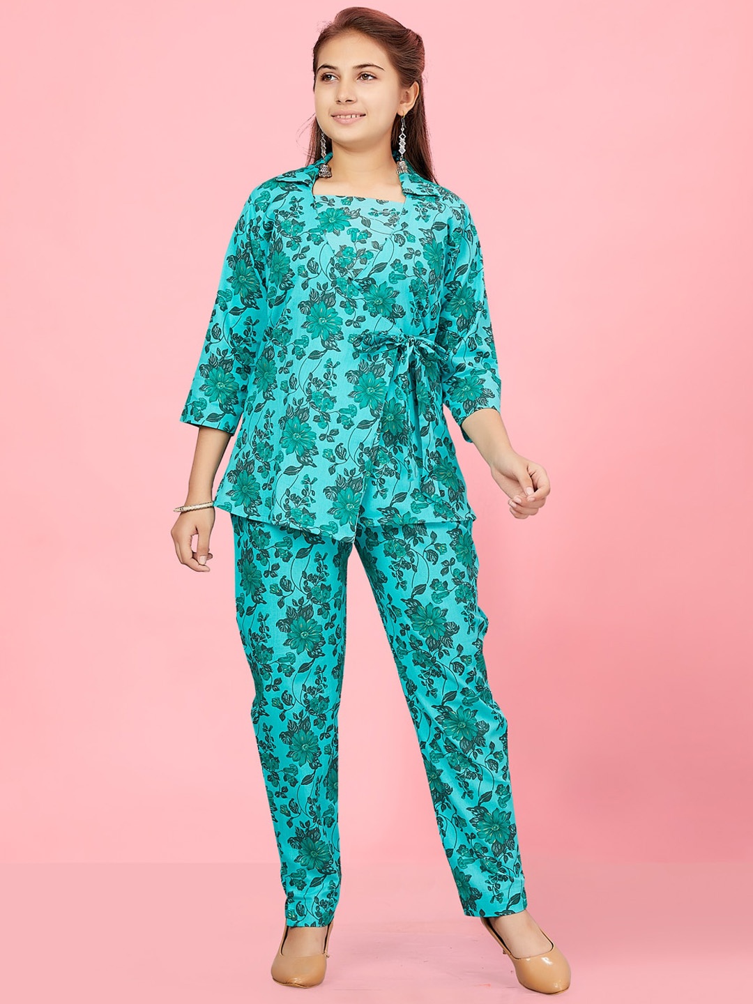 

BAESD Girls Printed Pure Cotton Tunic With Trousers, Sea green