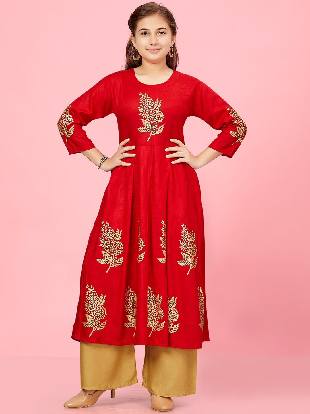 

BAESD Girls Ethnic Motifs Printed Pure Cotton Pleated A-Line Kurta with Palazzos, Red