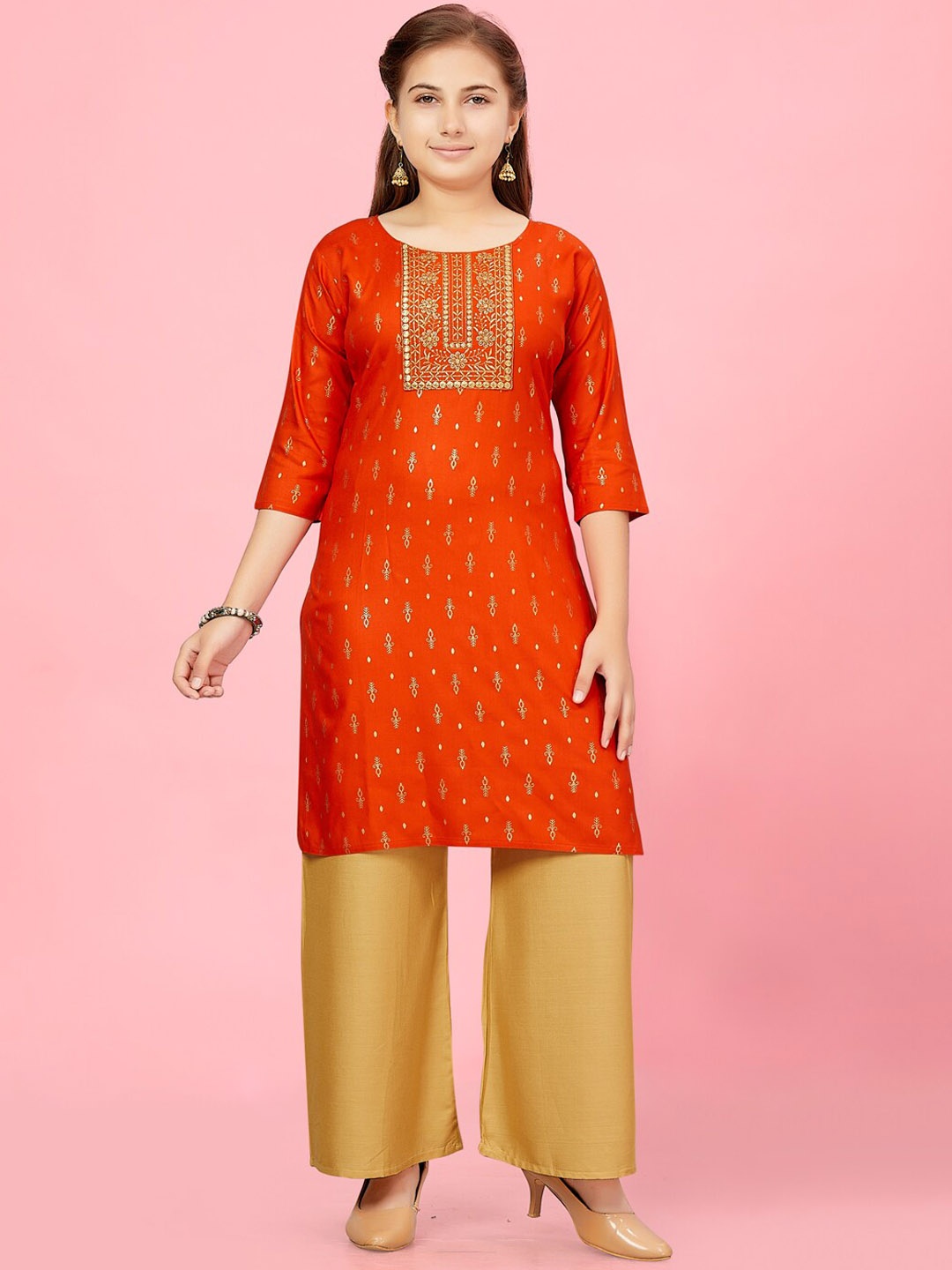 

BAESD Girls Ethnic Motifs Flared Sleeves Gotta Patti Kurta, Orange