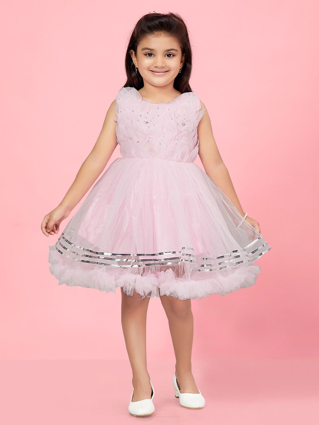 

BAESD Girls Self Design Round Neck Corsage Fit & Flare Dress, Pink