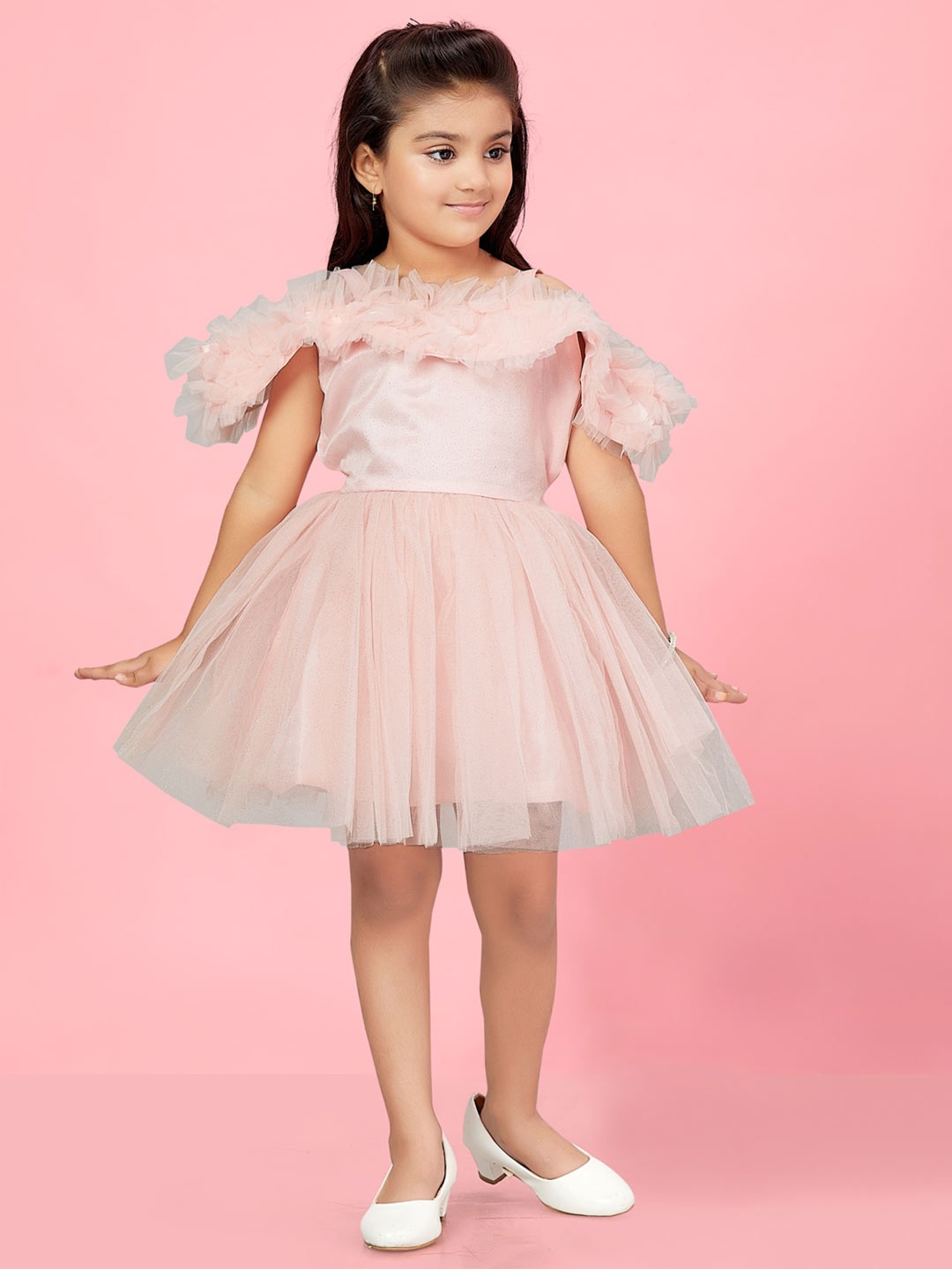 

BAESD Girls Off-Shoulder Neck Ruffles Fit & Flare Dress, Peach