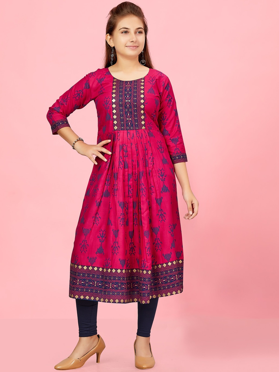 

BAESD Girls Ethnic Motifs Printed Cotton A-Line Pleated Kurta, Pink