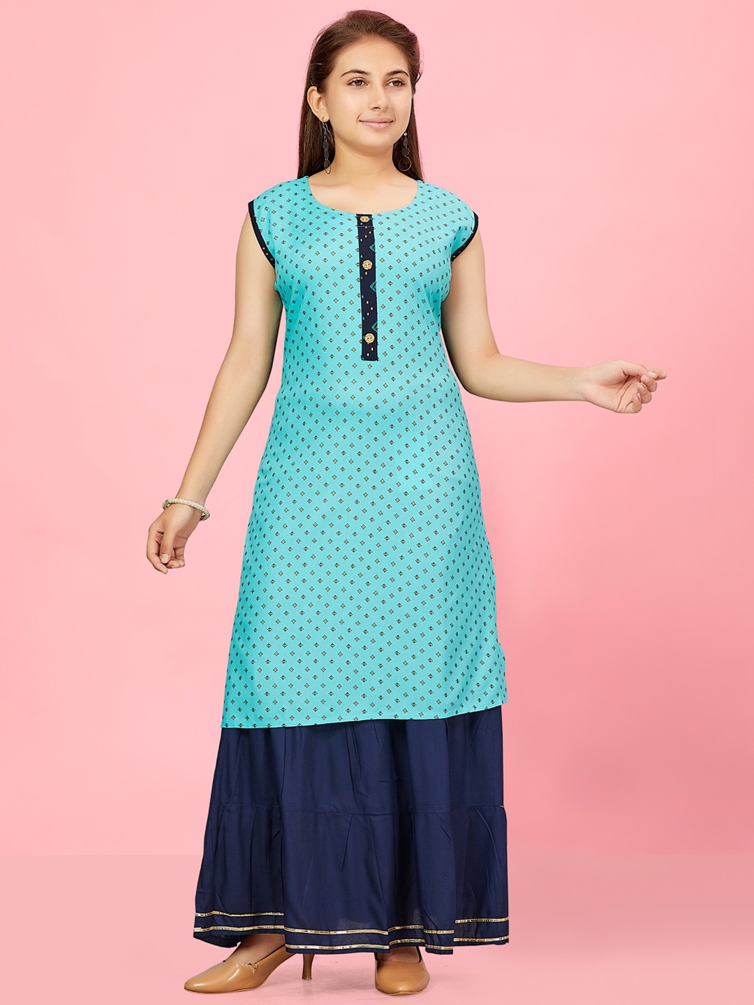 

BAESD Girls Ethnic Motifs Printed Pure Cotton Kurta, Turquoise blue