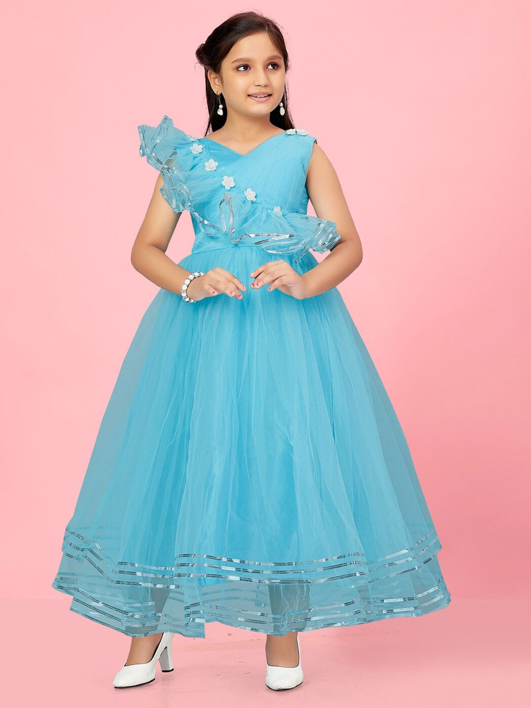

BAESD Girls V-Neck Sleeveless Net Ruffled Maxi Dress, Turquoise blue