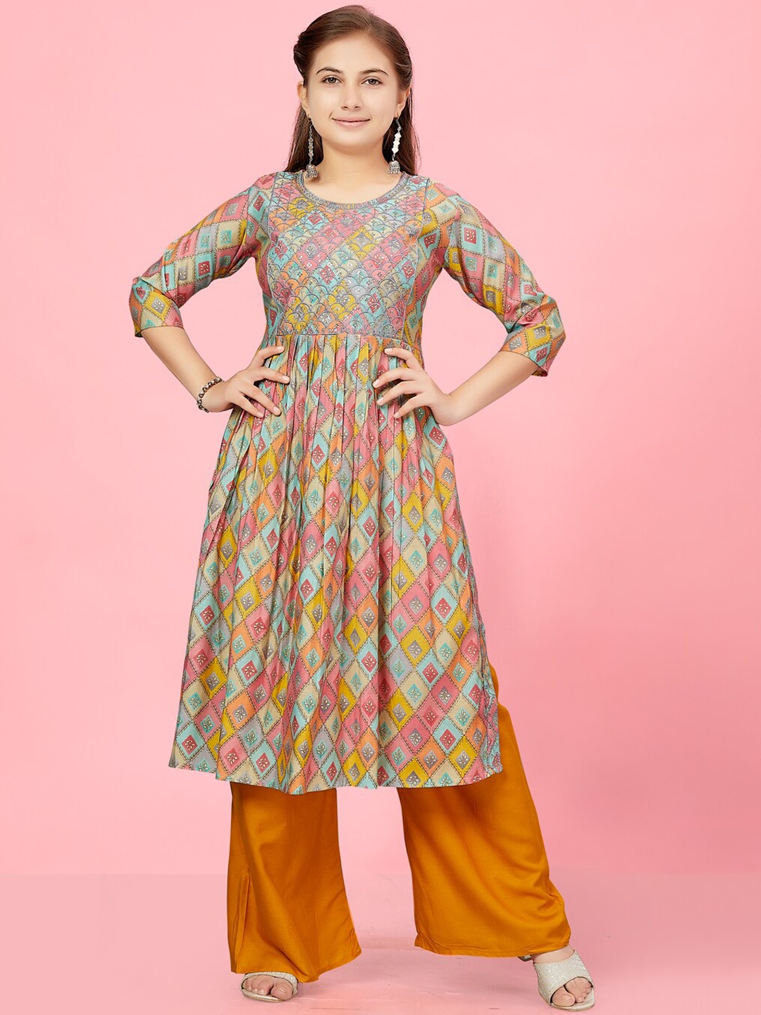 

BAESD Girls Ethnic Motifs Printed Cotton Anarkali Kurta, Pink