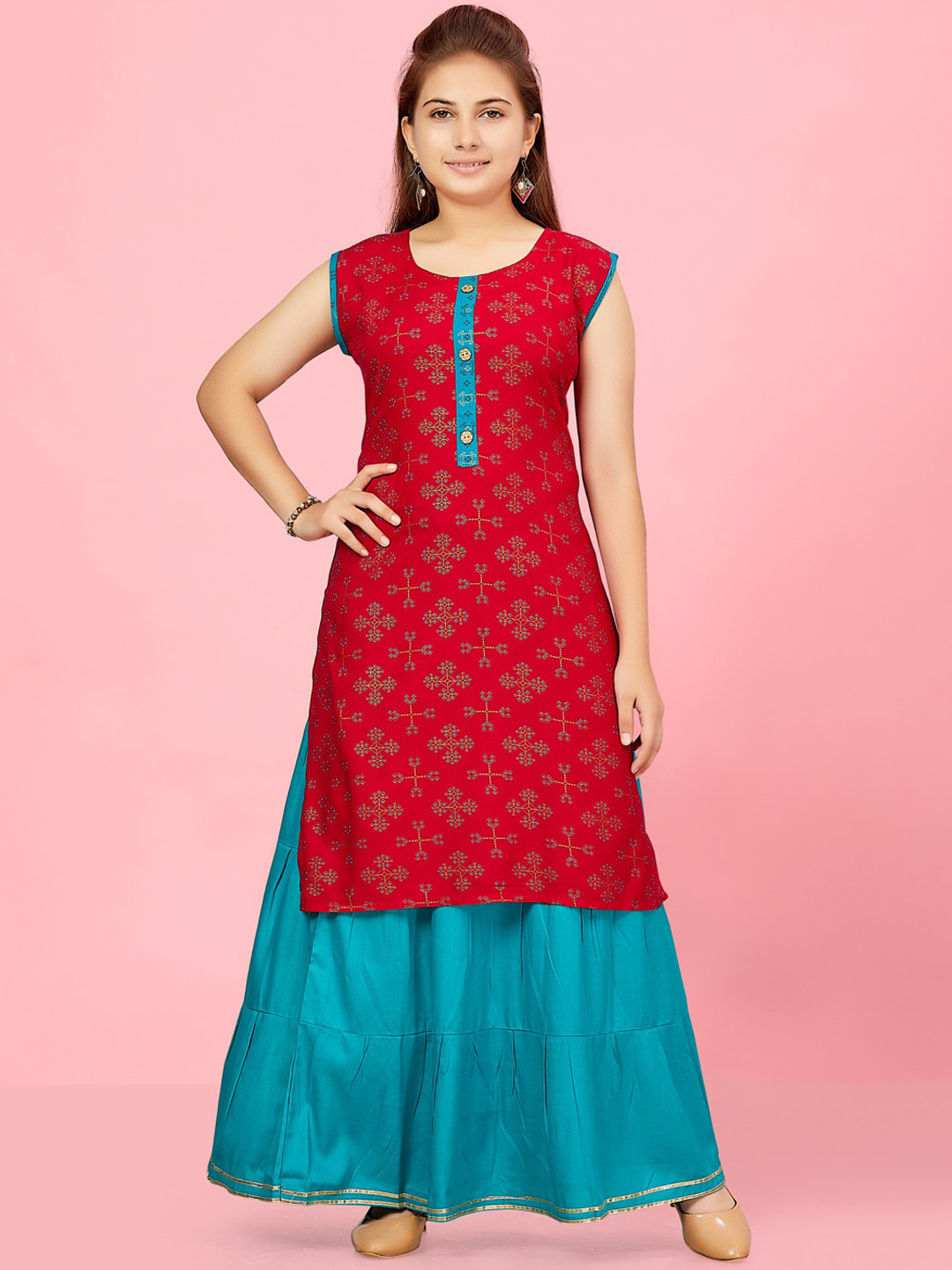 

BAESD Girls Ethnic Motifs Printed Straight Pure Cotton Kurta with Skirt, Pink
