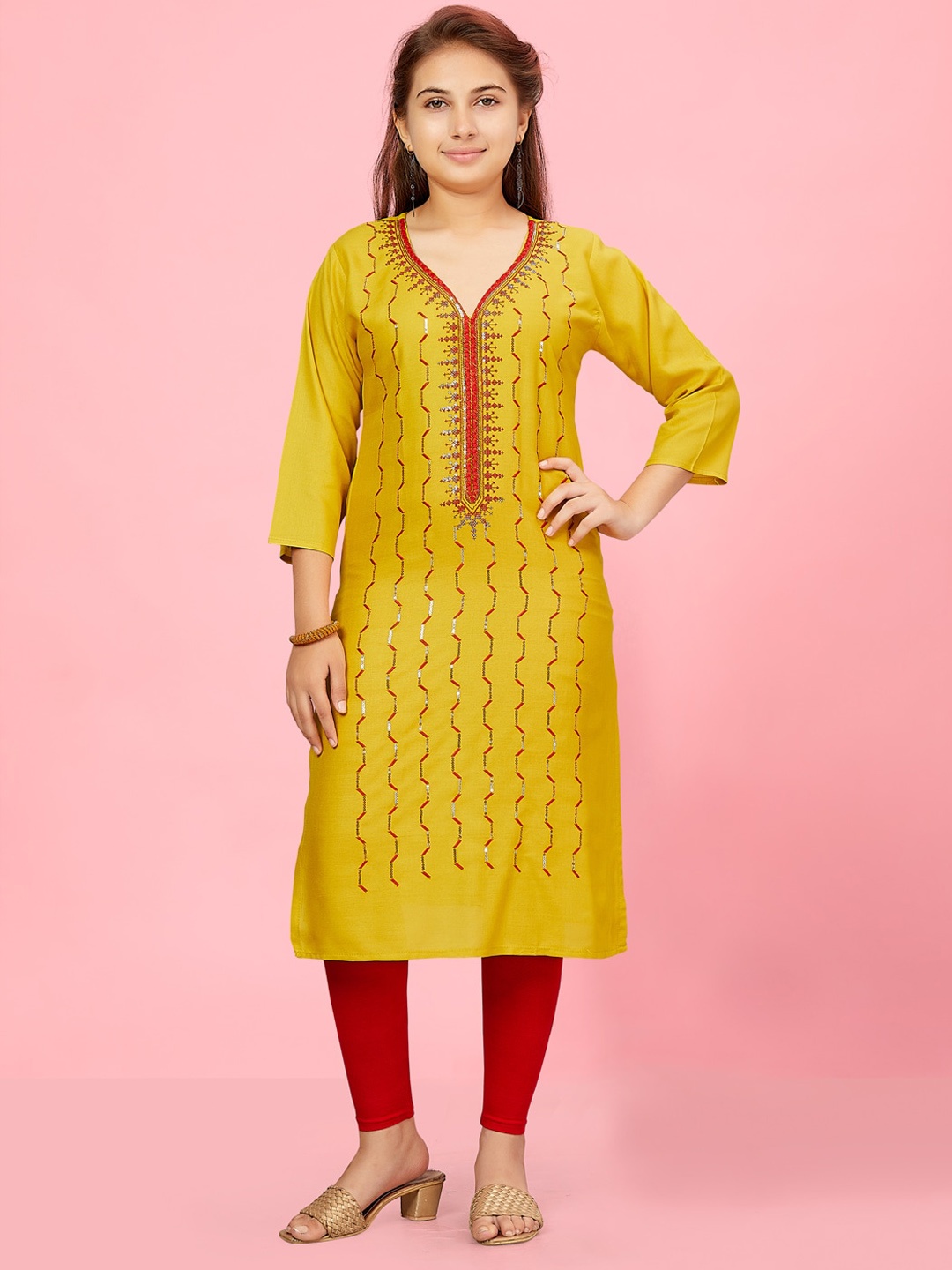 

BAESD Girls Embroidered Sequinned Pure Cotton Regular Kurta With Leggings, Yellow