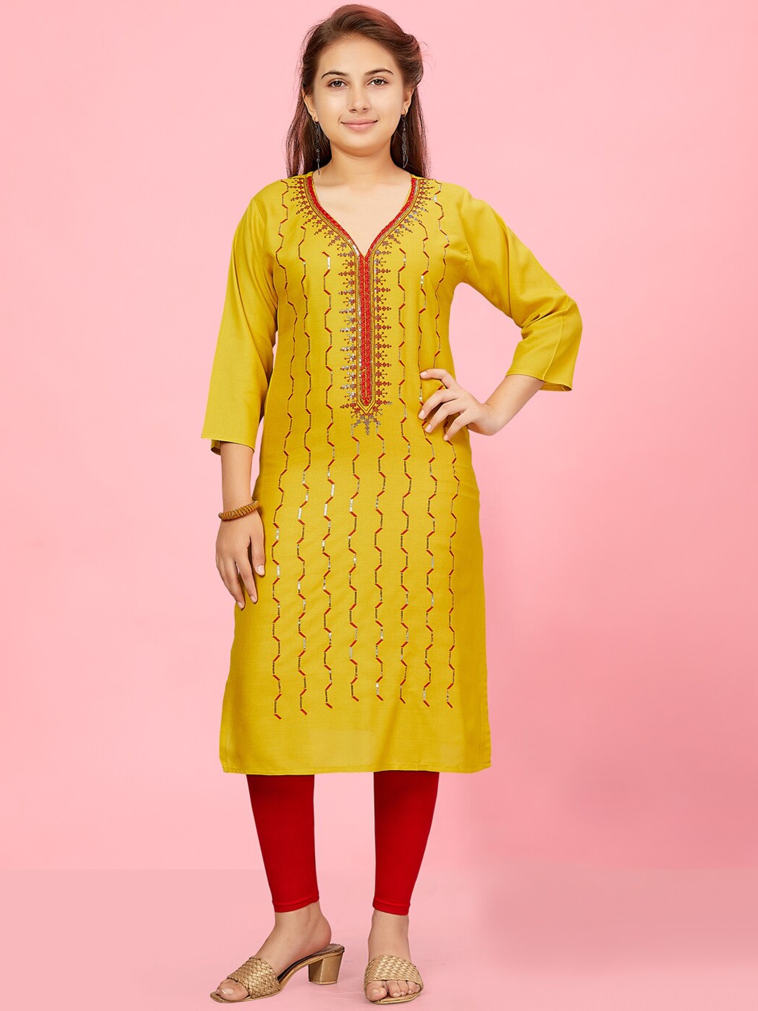 

BAESD Girls Printed Cotton Straight Kurta, Yellow