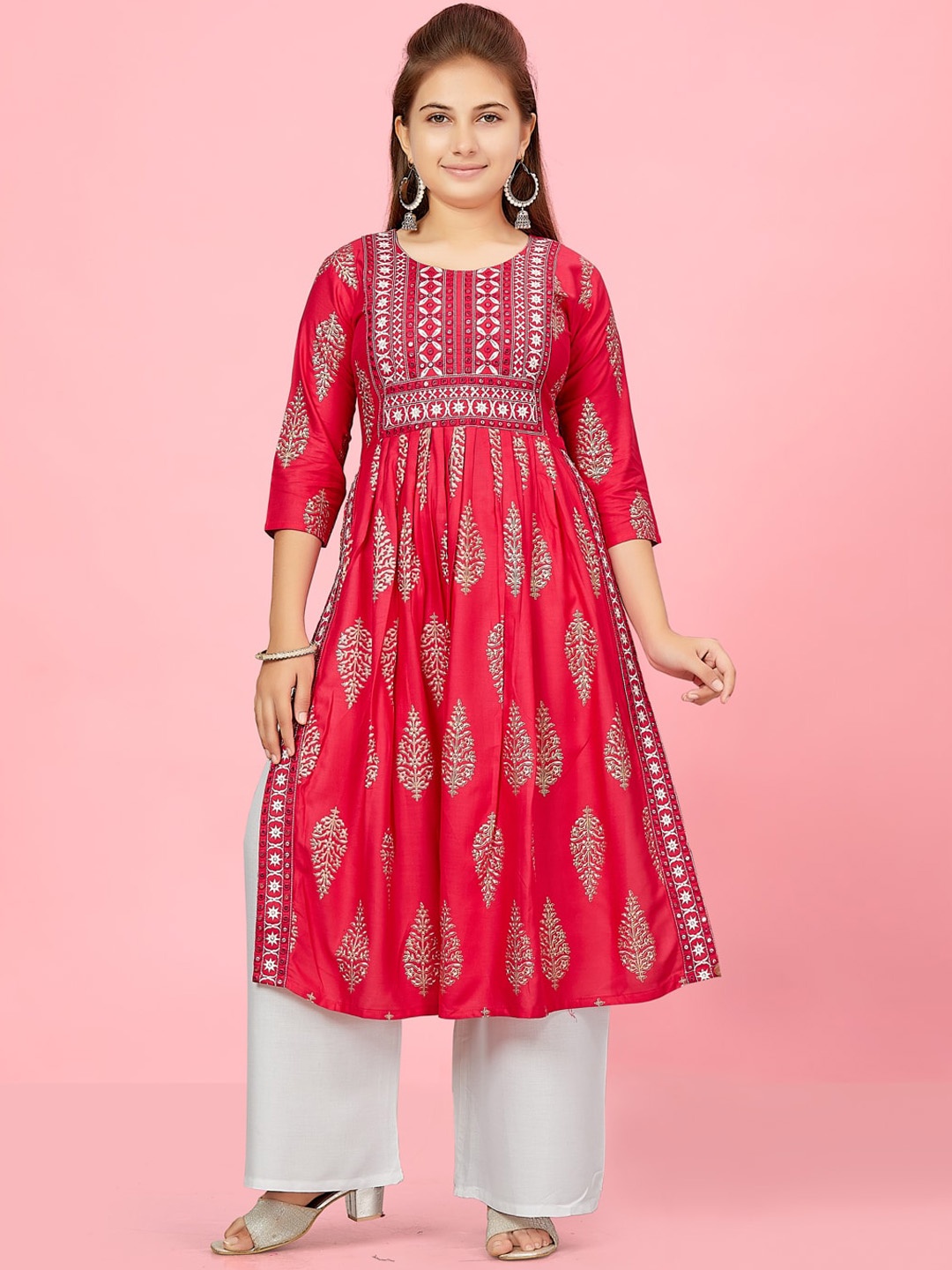 

BAESD Girls Ethnic Motifs Printed Sequinned Pure Cotton Kurta with Palazzos, Pink