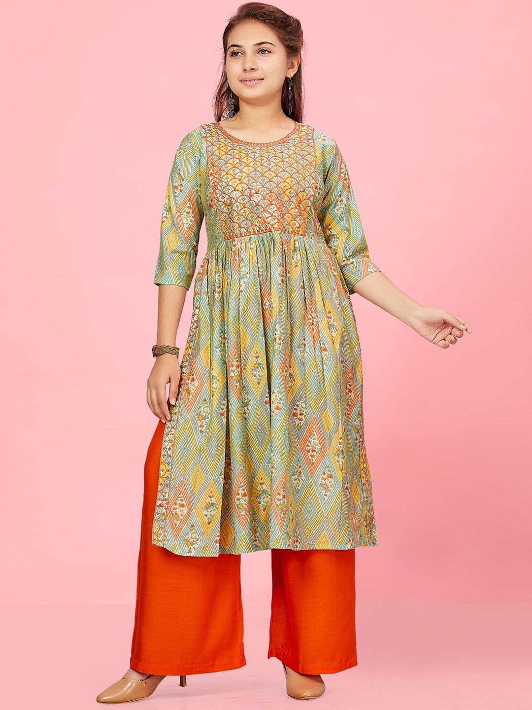 

BAESD Girls Floral Printed Cotton Pleated A-Line Kurta, Orange
