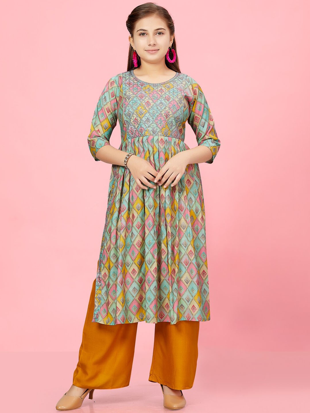 

BAESD Girls Floral Printed Cotton Pleated A-Line Kurta, Sea green