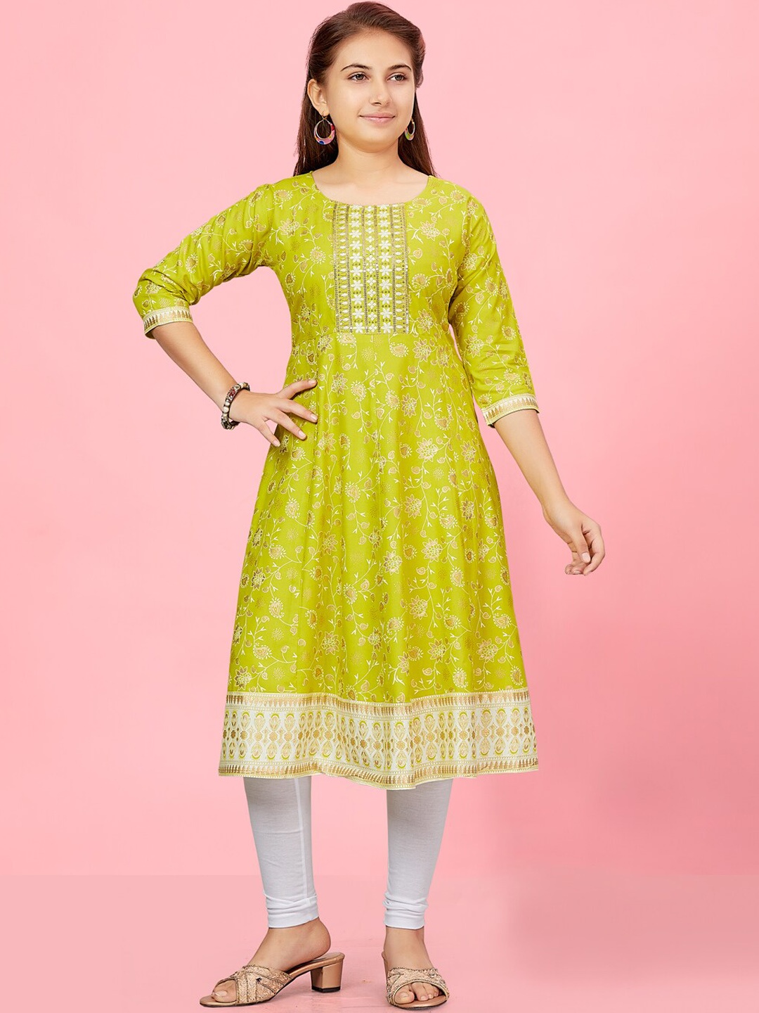 

BAESD Girls Ethnic Motifs Gotta Patti Anarkali Kurta, Lime green