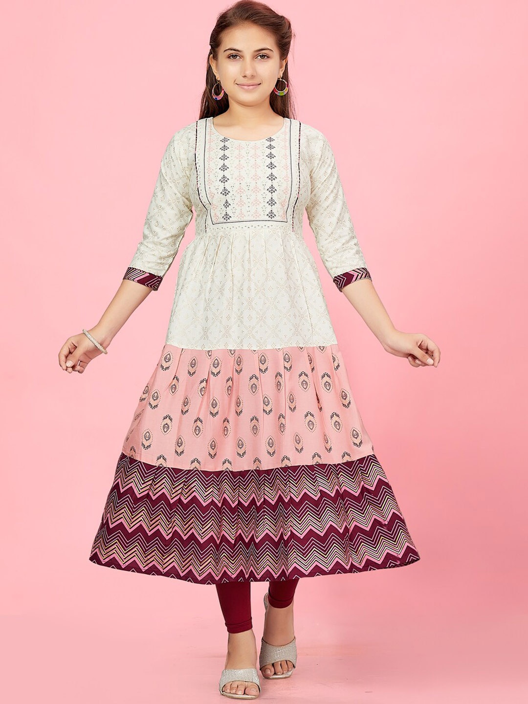 

BAESD Girls Ethnic Motifs Printed Pure Cotton Anarkali Kurta, Cream