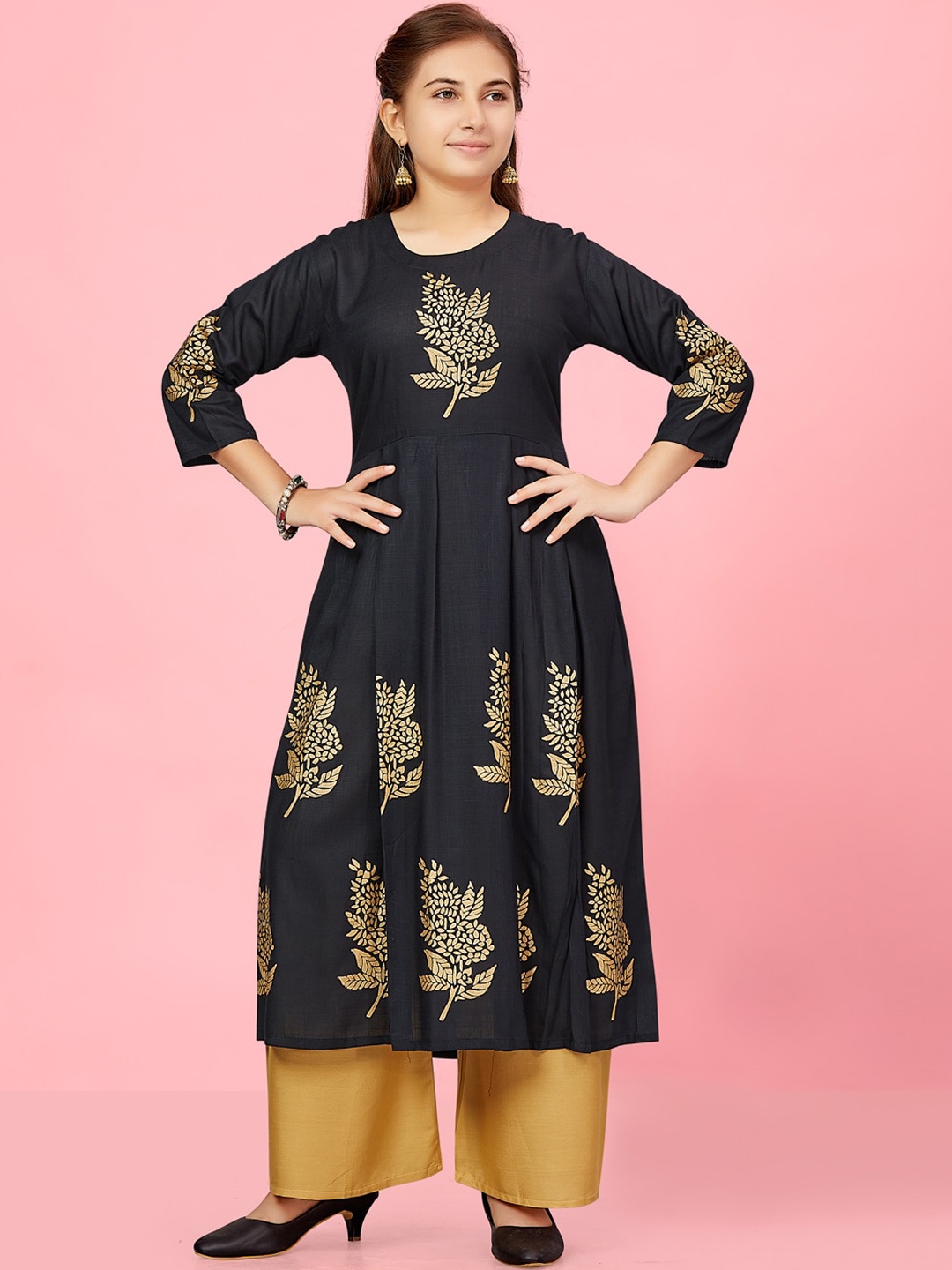 

BAESD Girls Ethnic Motifs Printed Empire Pure Cotton Kurta with Palazzos, Black